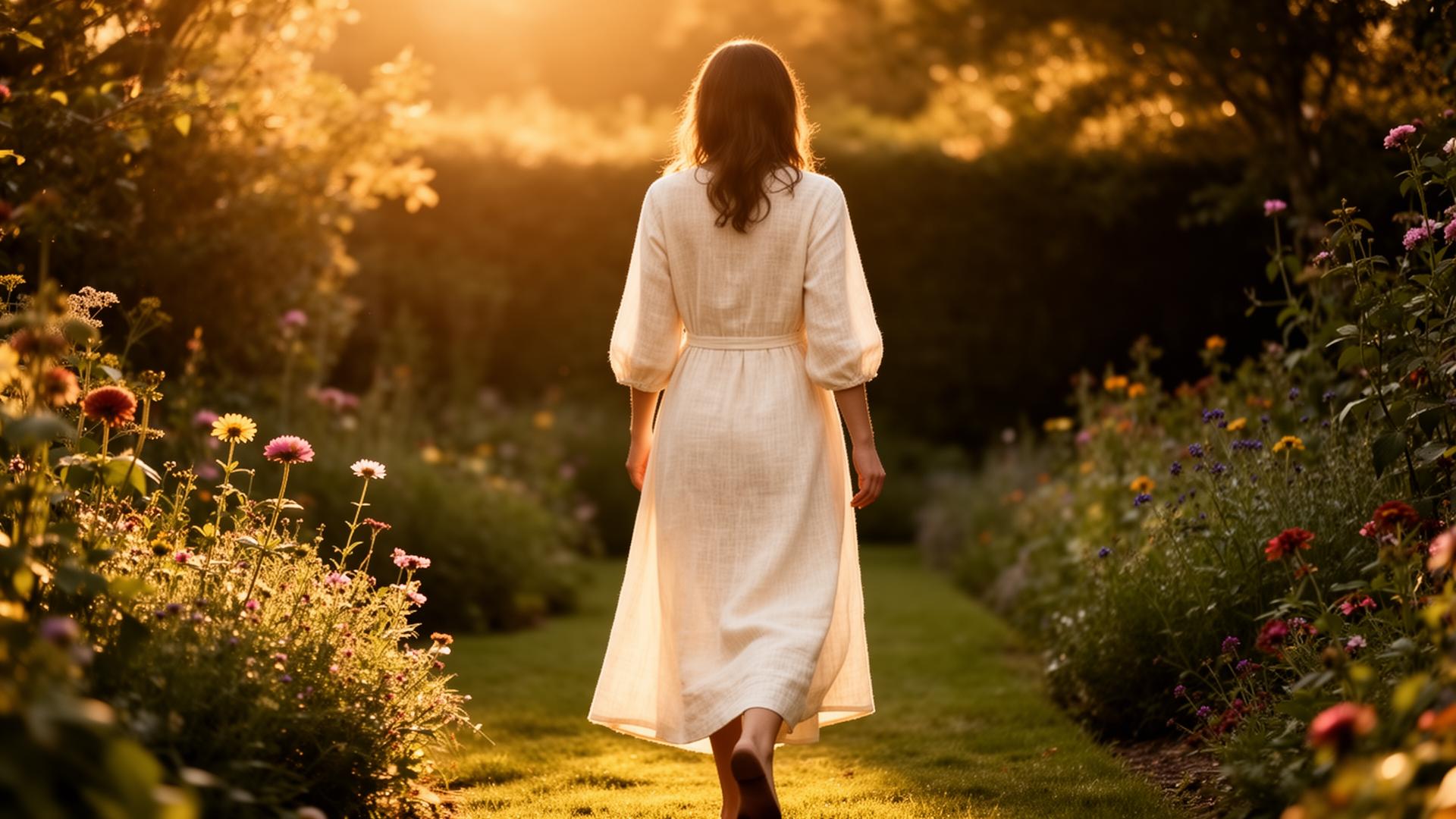 Woman walking through a sunlit garden